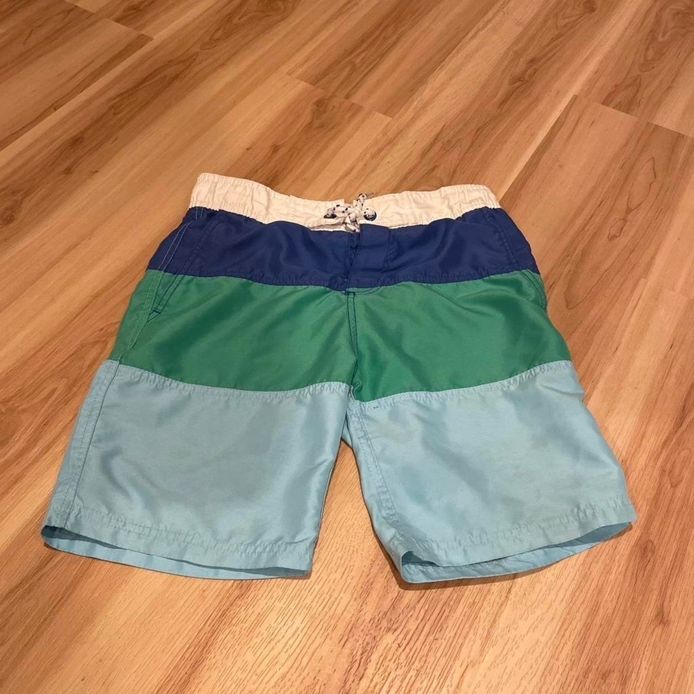 Boden Boys Swim Trunks Colorblock Striped Board Shorts 11-12Y Blue Green